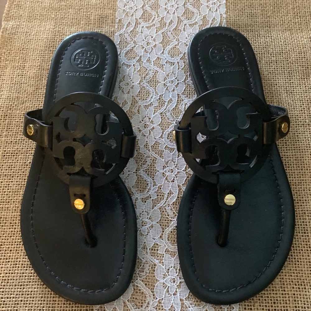 Tory Burch Black Leather Miller Sandals 5.5 M EUC
